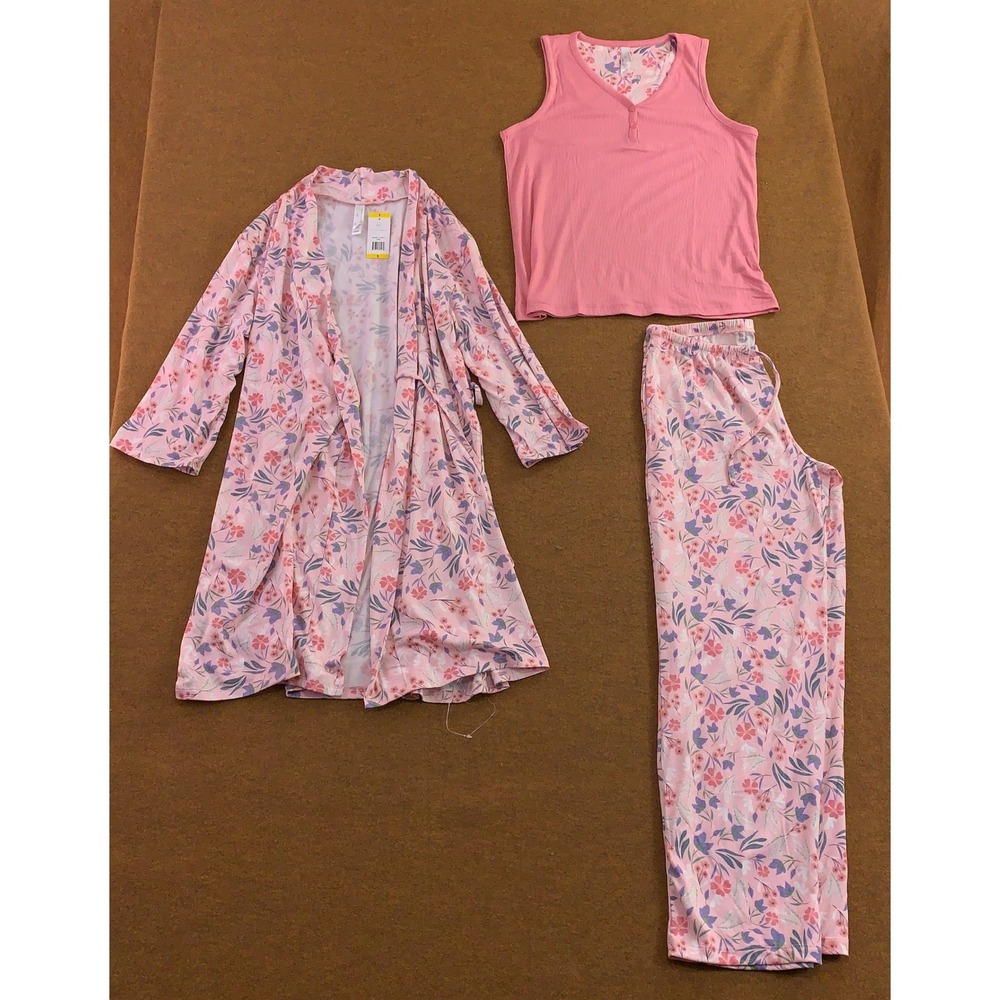 Flora Nikrooz Womens Small Pink Floral 3-Piece Ribbed Tank Pants Robe Pajama Set